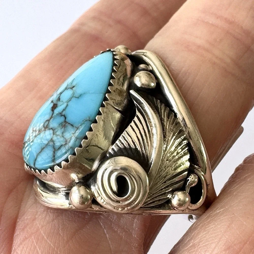 Navajo Mens Ring Sz 13 Turquoise Leaf Feather Signed D Morgan Sterling Native